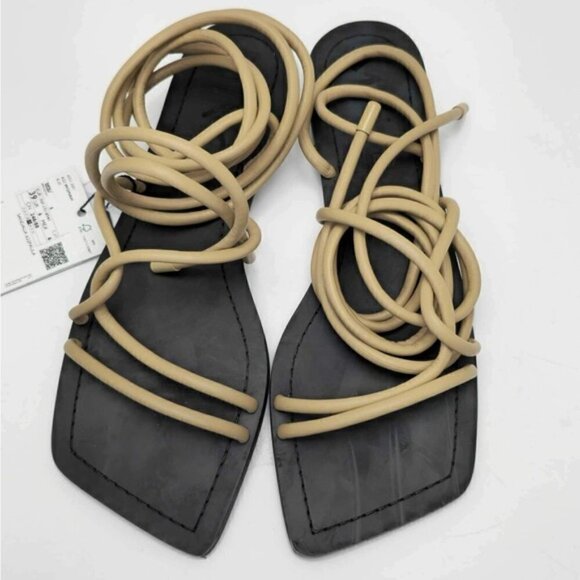 Mango - Ladies, Paula Leather Strappy Flat - Beige. Size: 8.5 (US). NIB - Picture 2 of 11